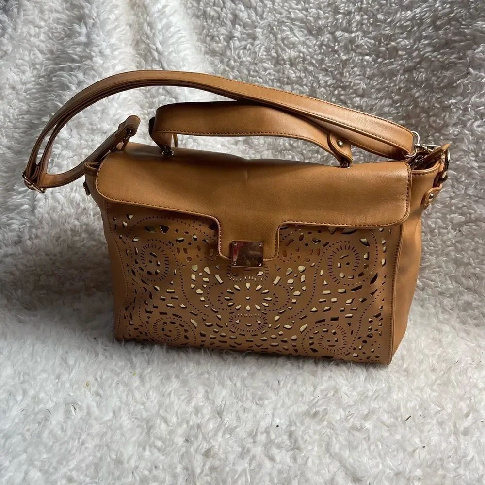 Bloom Theory Camera bag  tan synthetic leather laser cut metallic gold layer.